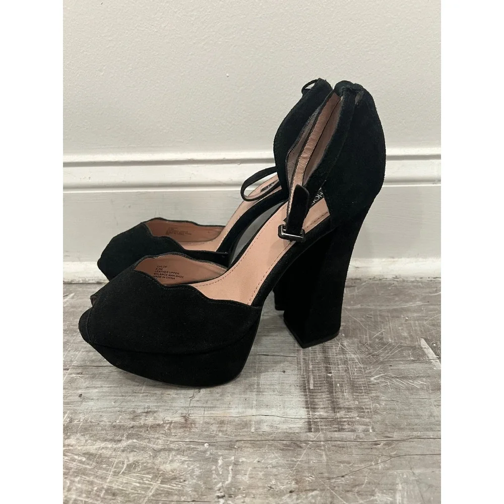 ShoeMint Chloe Heels Black Suede Scalloped Platform Peep Toe Women's SZ 9.5M